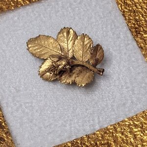 Elegant Gold Leaf Brooch 24 Karat Gold Plated Vienna Wood Rose Bud on a Leaf